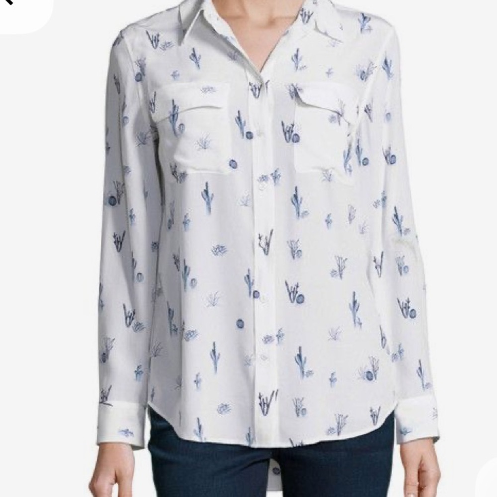 Equipment Slim Signature Silk Cactus Print Blouse White Blue LG